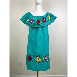 Womens Dress Sz S Mexican Embroidered Boho Herbalist Natural Earthy Flowers